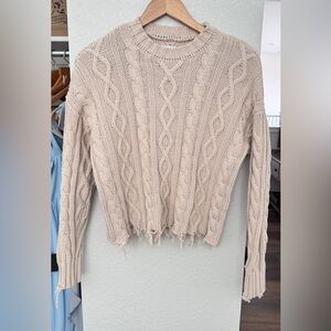 pistola Beige Cable Knit Distressed Crewneck Sweater